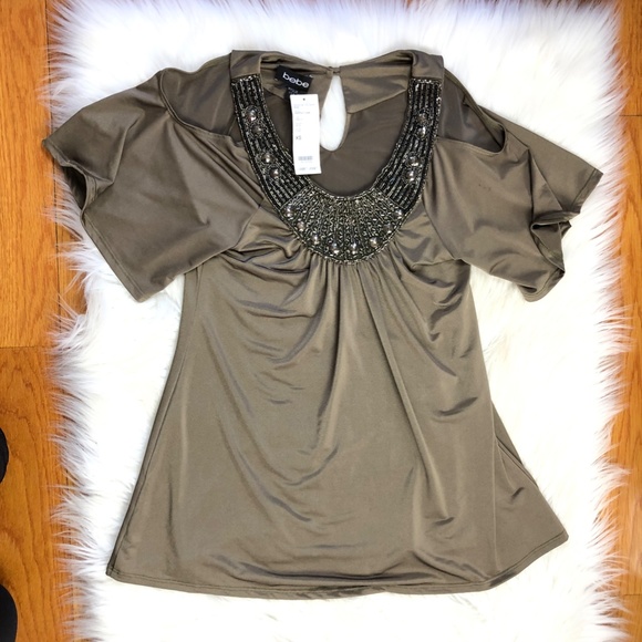 NWT Bebe Beaded Neck Cold Shoulder Top, Green, XS - Picture 3 of 7